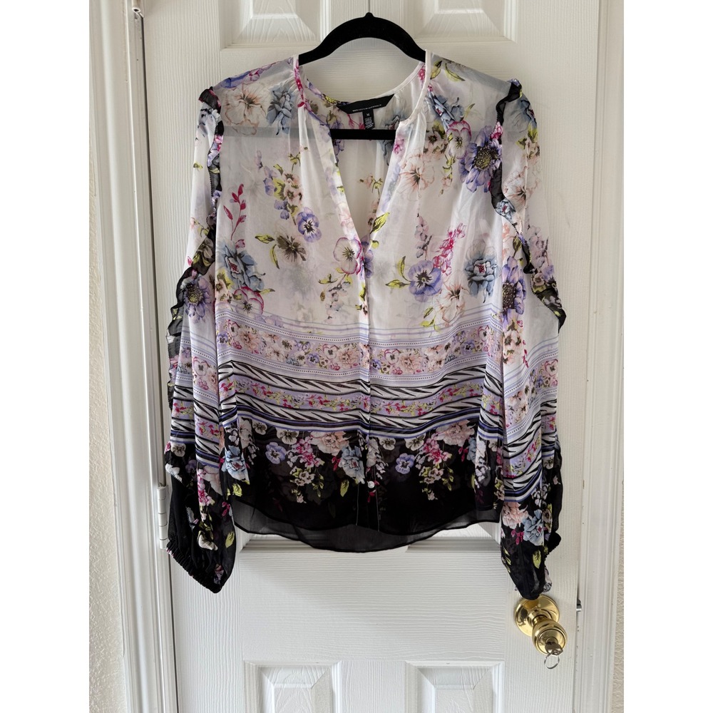 White House Black Market Sheer Floral Border Boho Blouse M Ruffle‎ Sleeve - Picture 2 of 6